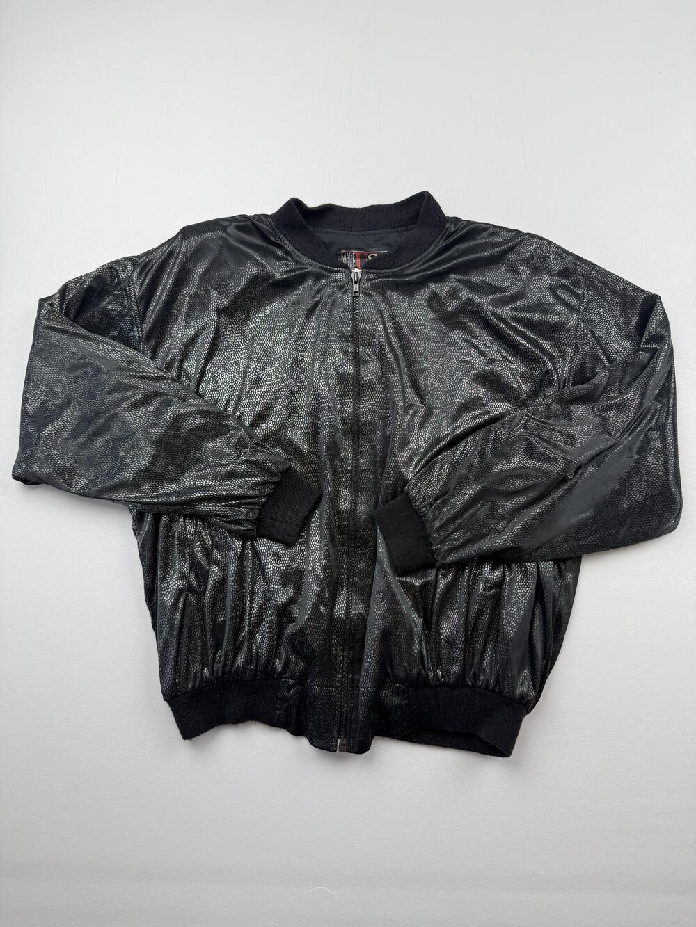 Vintage Mesh Bomber Jacket Womens Black Shiny 80s Full Zip USA Retro Read